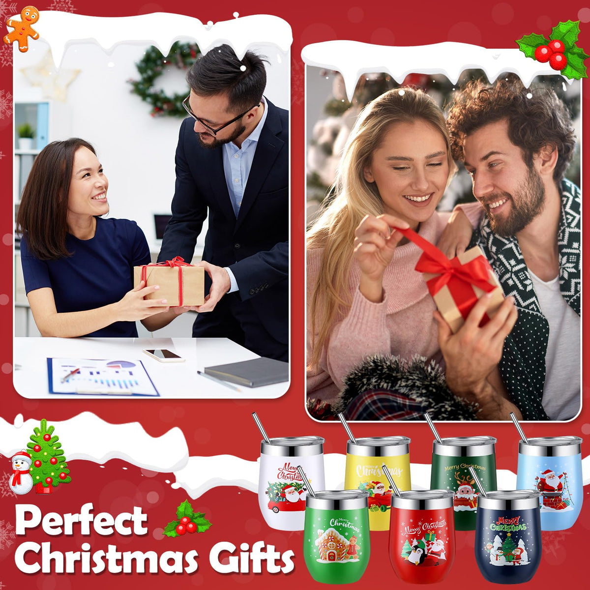 7 Set Christmas Wine Tumbler with Lid Straw Brush (7 Count)