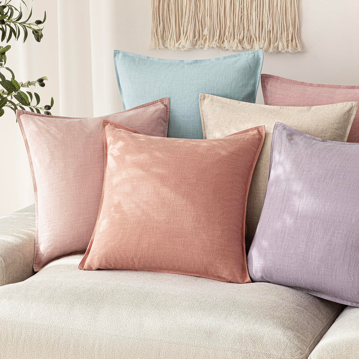 Pack of 2 Decorative Linen Solid Throw Pillow Covers Soft Accent Euro Cushion Case Boho Farmhouse Pillowcase for Chair Couch Sofa Bedroom Living Room Home Decor 22 x 22 Inch Coral Pink (2 Count)