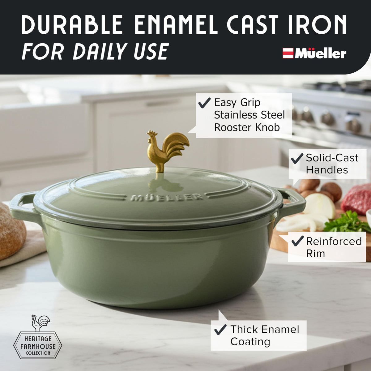 5.5 Quart Enameled Cast Iron Oval Dutch Oven w Rooster Knob & Cotton Potholders