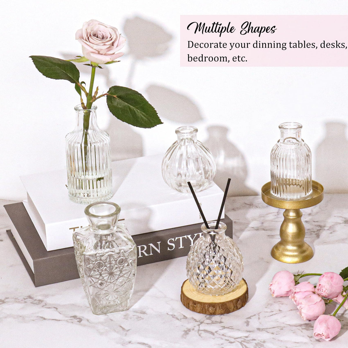36Pcs Bud Vases Set Small Vintage Glass Bottles Clear Bud Vases in Bulk Multiple Shape Cute Glass Vases for Rustic Wedding Centerpieces Table Decorations and Home Decor (36 Count)