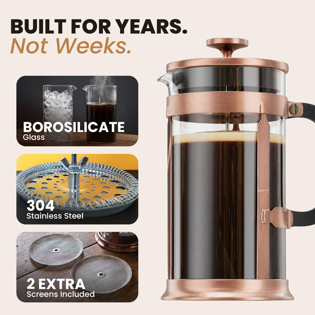 EzDtach Glass French Press Coffee Maker 34oz Copper