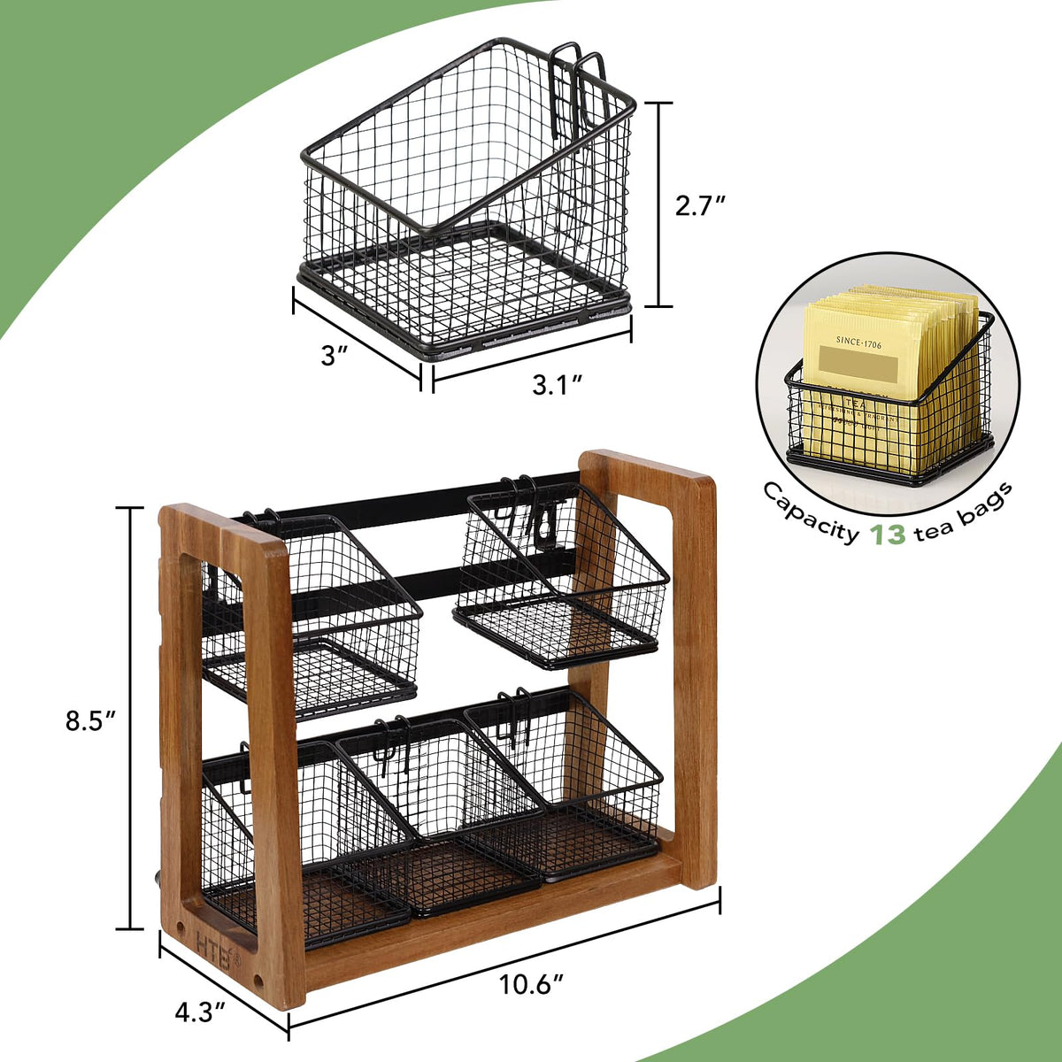 2 Tier Tea Organizer for Tea Bags with 6 Removable Metal Baskets