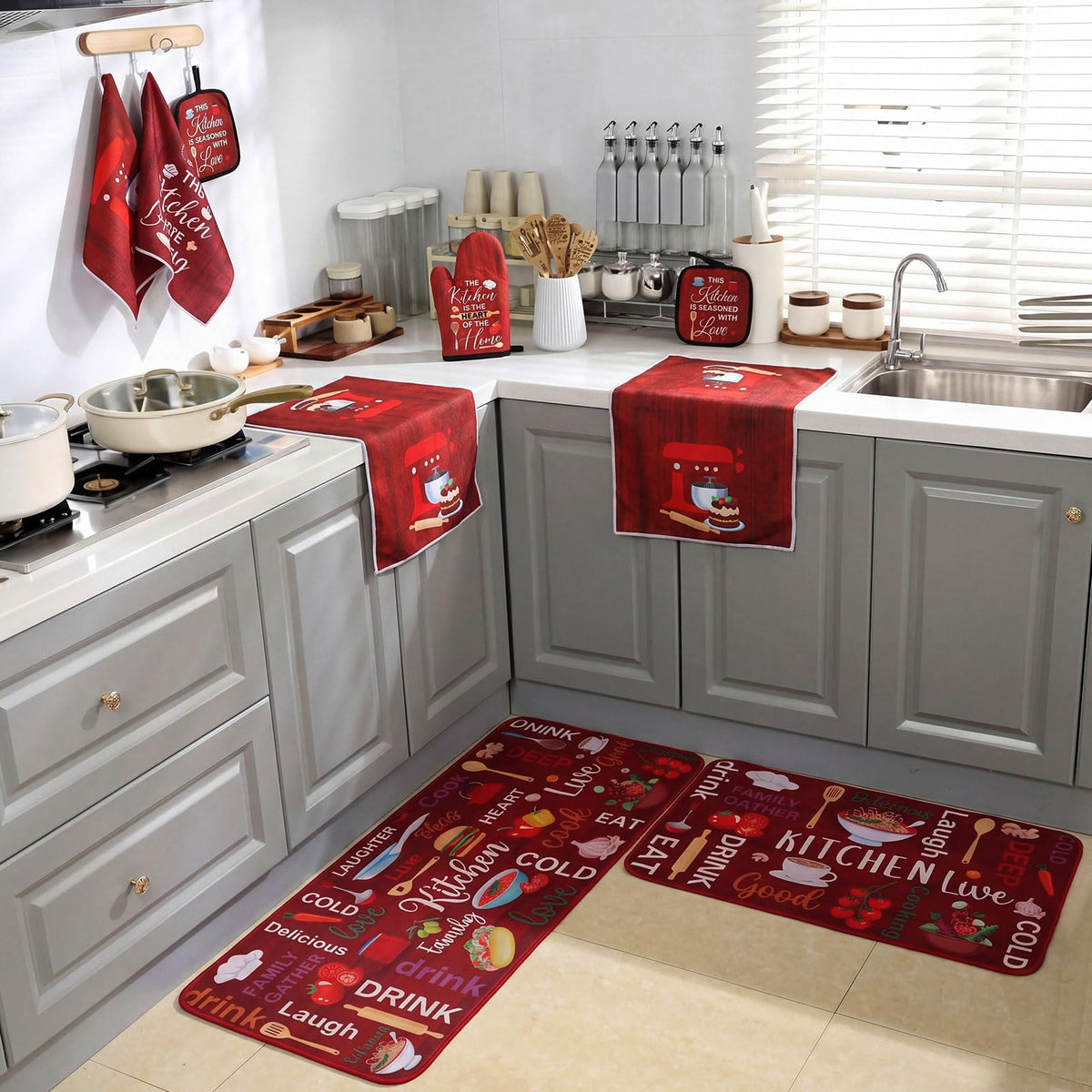 17 Pcs Farmhouse Kitchen Decor and Accessories Red Funny Kitchen Set Rug and Mat Oven Mitts and Pot Holders Apron Dish Towels Cute Wooden Spoons for Holiday Decoration Home Housewarming Gift (17 Count)