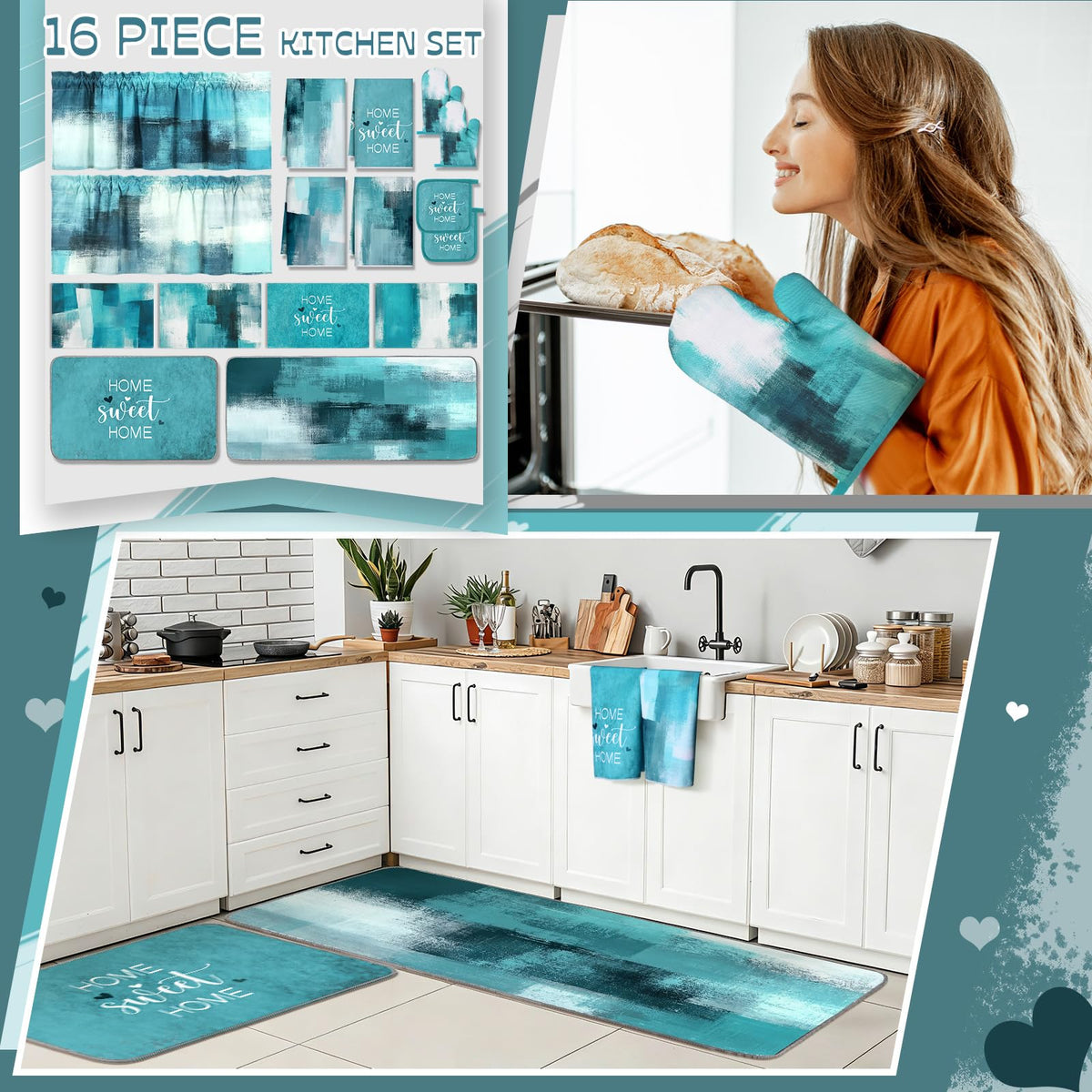 16 Pcs Turquoise Kitchen Decor and Accessories Set 4 Teal Abstract Area Kitchen Towels 2 Non Slip Rugs and Mats 2 Modern Grey Oven Mitts 2 Pot Holders 4 Placemats 2 Curtains for Home Decoration Gift (16 Count)