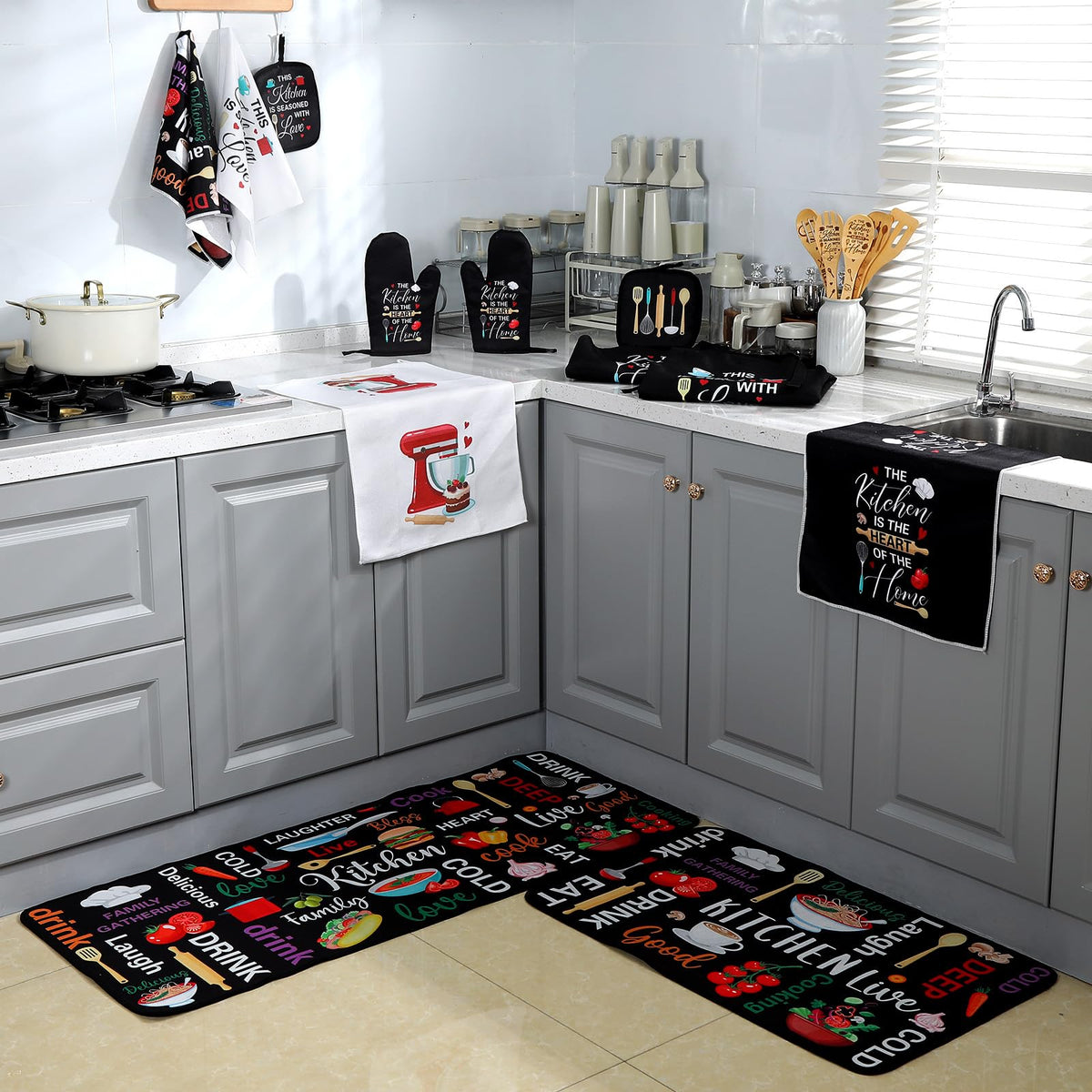 17 Pcs Farmhouse Kitchen Decor and Accessories Black Kitchen Sets Rug and Mat Oven Mitts and Pot Holders Apron Dish Towels Cute Wooden Spoons for Holiday Decoration Home Housewarming Gifts