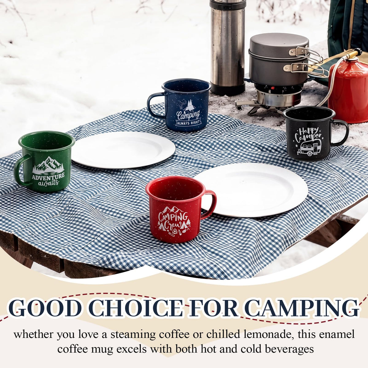 8 Pcs Enamel Camping Mugs 16 oz Outdoor Coffee Cups Nostalgic Speckled Enamelware Mug with Printed Design for Hot Cold Beverages Durable Cup for Happy Camper Adventure Home Travel Beach (8 Count)