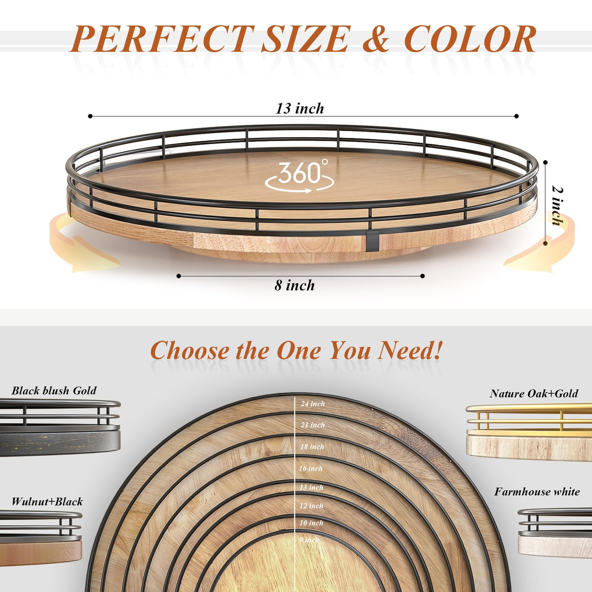 13 Inch Farmhouse Oak Lazy Susan Organizer for Table and Cabinet