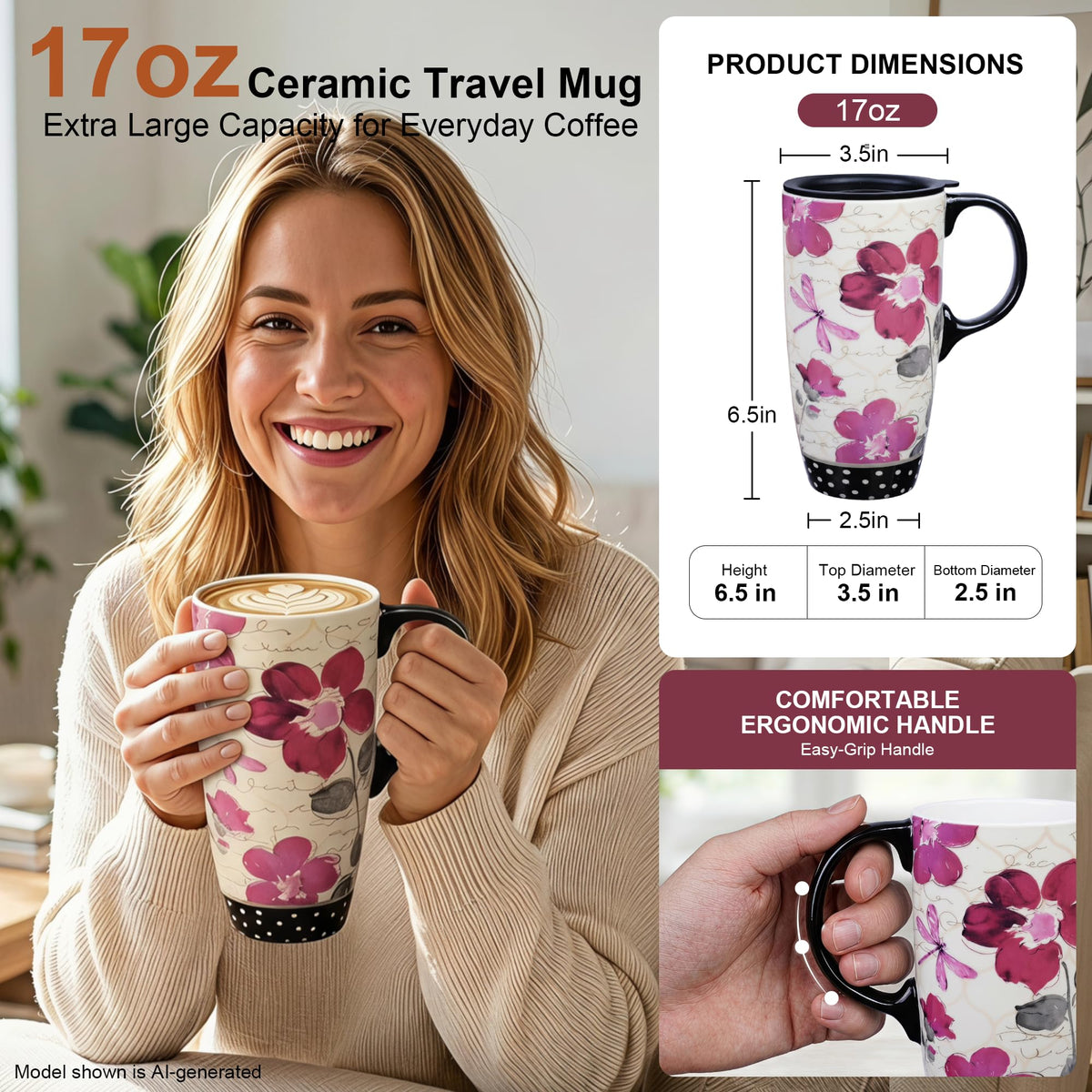 17oz Ceramic Travel Mug with Lid