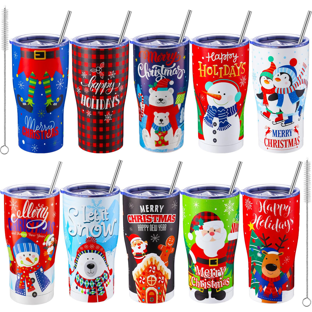 10 Sets 20oz Christmas Tumblers with Lids and Straws Christmas Stainless Steel Tumbler Double Wall Insulated Travel Coffee Mug for Xmas Gift Holiday Family Friend Drinks (10 Count)