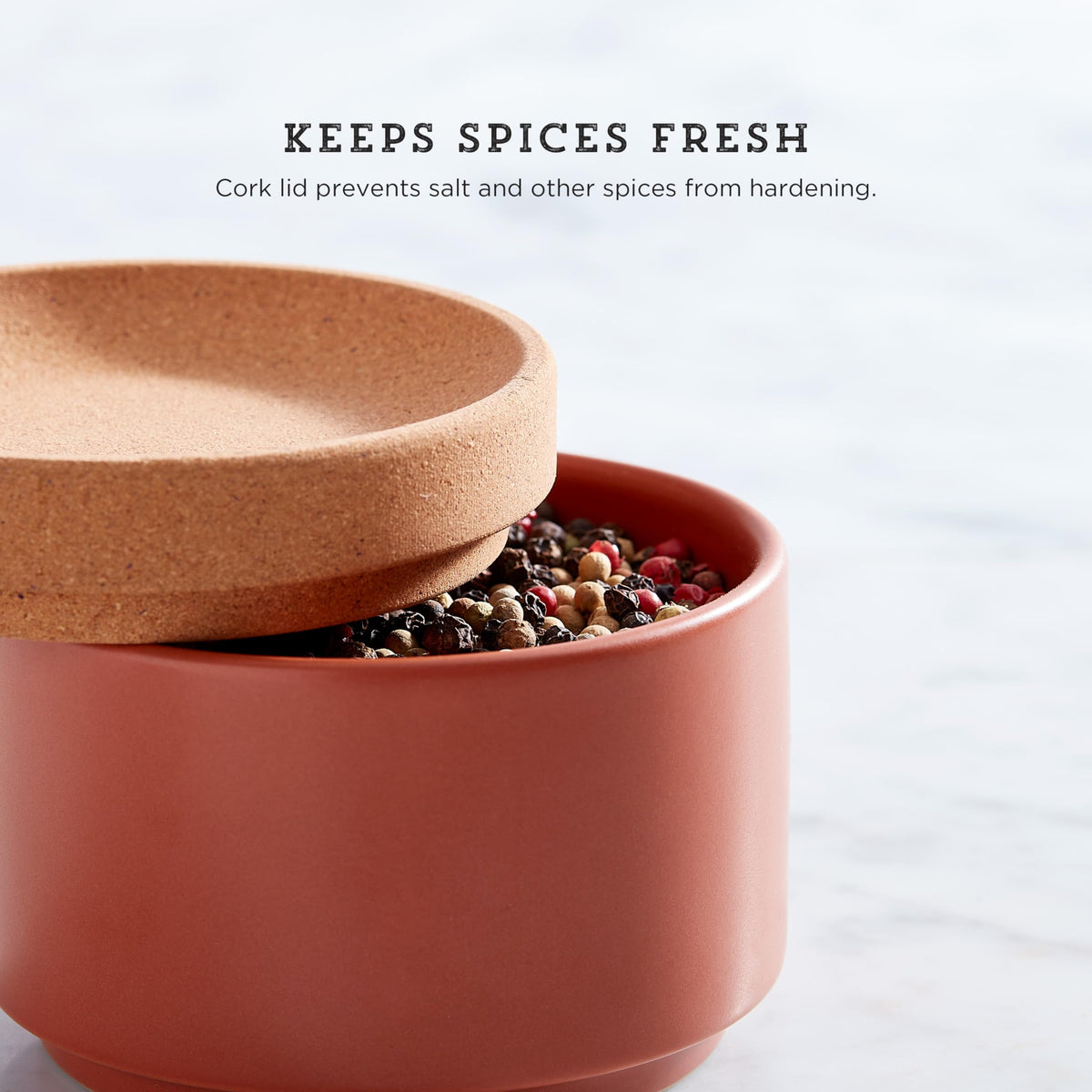 Cork and Ceramic Stackable Salt and Pepper Cellar For Countertop Space Saving; Easy Lift Lid to Retain Freshness