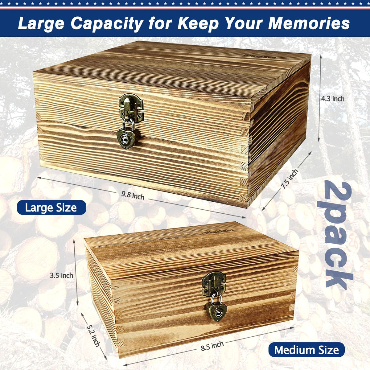 Wooden Box with Lock and Keys Hinged Lid Treasure Chest Memory Hobby Preservation Rustic Decorative Archival Organizer Jewelry Gadget Trinkets Keepsake Wood Storage Boxes 2 Pack Smokey Color