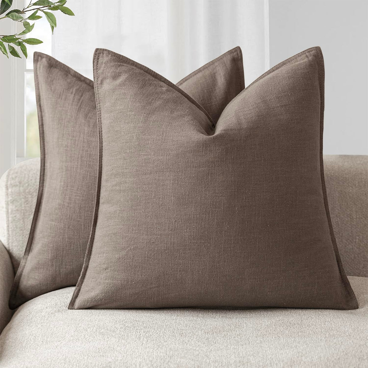 Set of 2 Decorative Linen Solid Throw Pillow Covers Soft Accent Euro Cushion Case Farmhouse Neutral Pillowcase for Chair Couch Sofa Bedroom Living Room Home Decor 26 x 26 Inch Light coffee