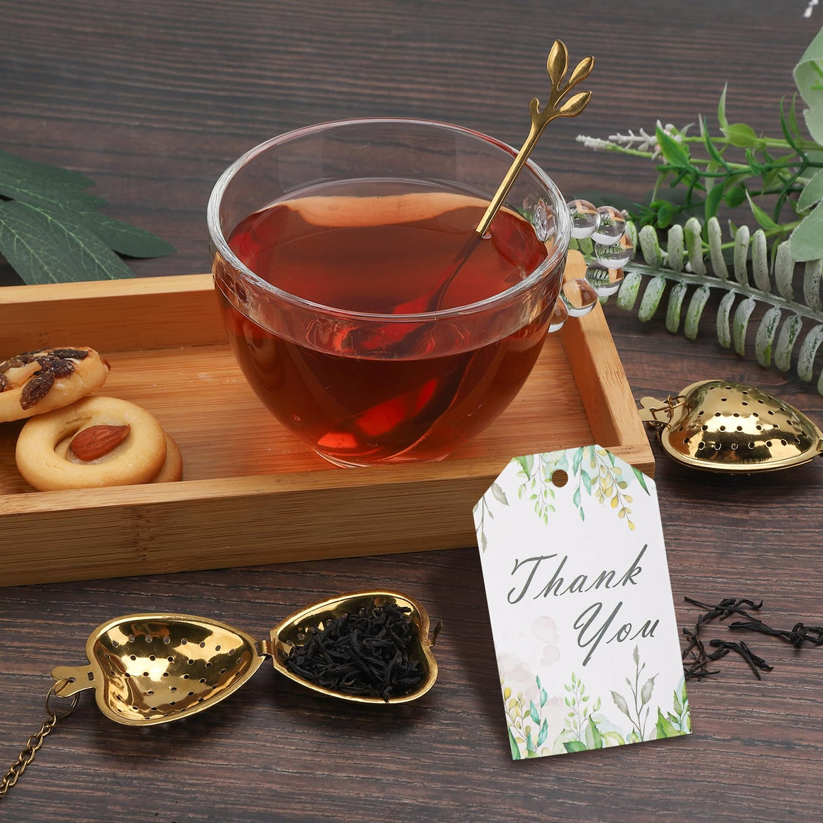 50 Sets Bridal Shower Tea Party Favor for Heart Shape Infuser Ball for Loose Guest Leaf Tea Spoon with Thank You Card Organza Bag Wedding Favors Tea Party Decorations Elegant Party Favors