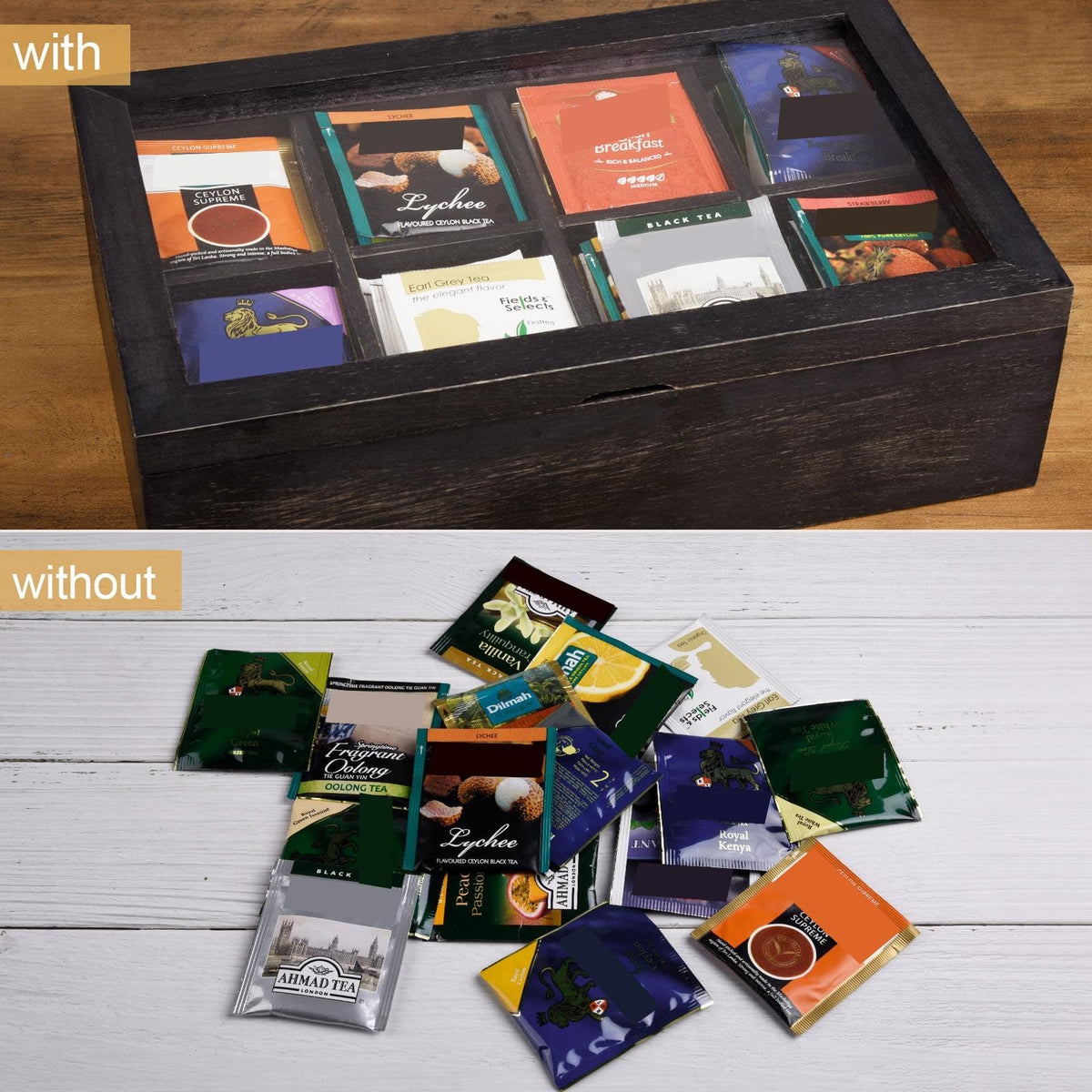 Wooden Tea Box with Lid & 8