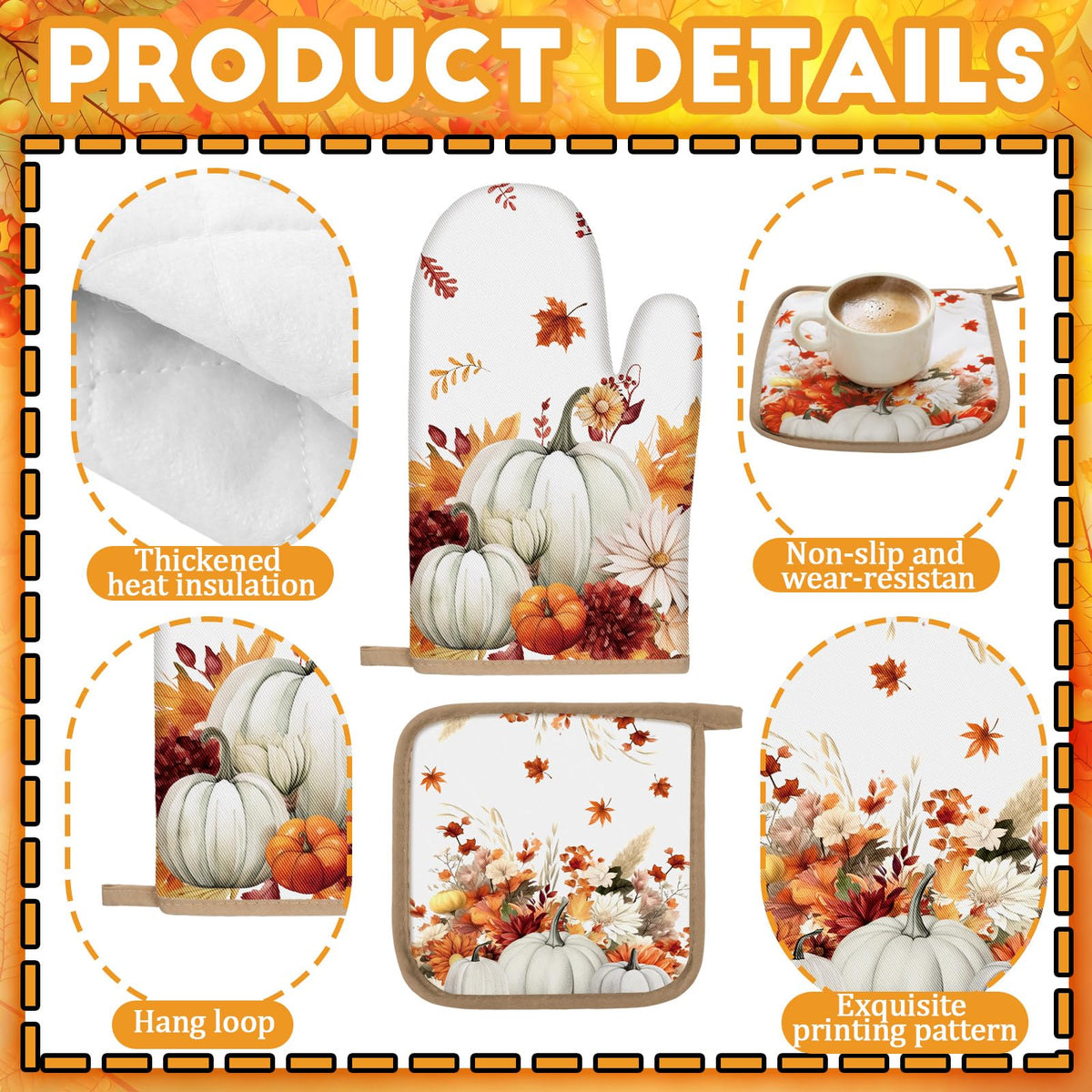 16 Pcs Fall Pumpkin Kitchen Decor and Accessories Set 4 Fall Kitchen Towel 4 Pumpkin Placemat 2 Non Slip Rug and Mat Set for Floor 2 Oven Mitt Glove 2 Pot Holder 2 Curtain for Harvest Home Decor Gift (16 Count)