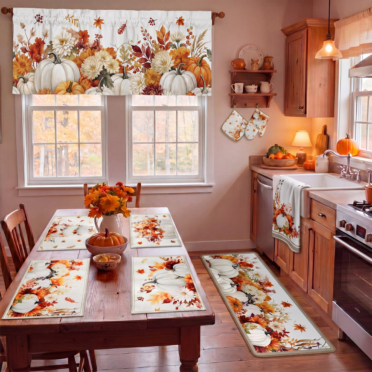 16 Pcs Fall Pumpkin Kitchen Decor and Accessories Set 4 Fall Kitchen Towel 4 Pumpkin Placemat 2 Non Slip Rug and Mat Set for Floor 2 Oven Mitt Glove 2 Pot Holder 2 Curtain for Harvest Home Decor Gift (16 Count)