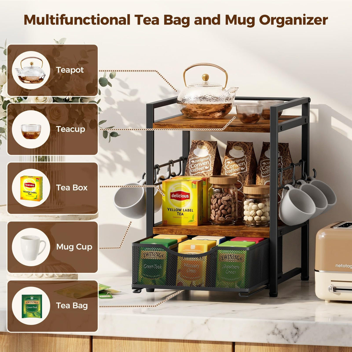 3 Tier Tea Bag Organizer with Drawer for Countertop