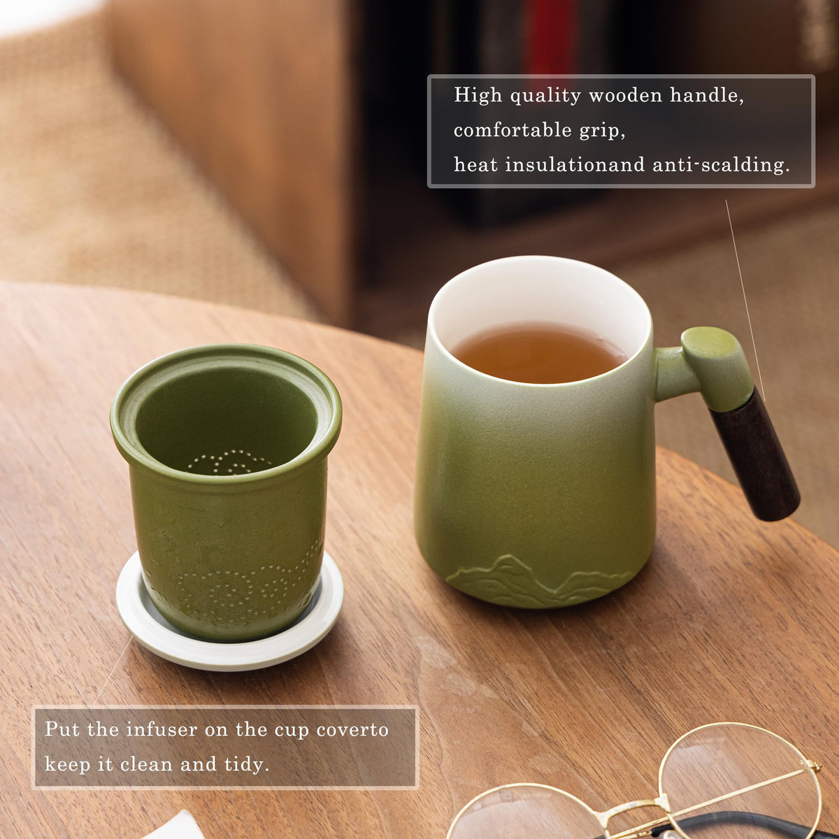 12oz Wood Handle Tea Mug with Infuser Lid