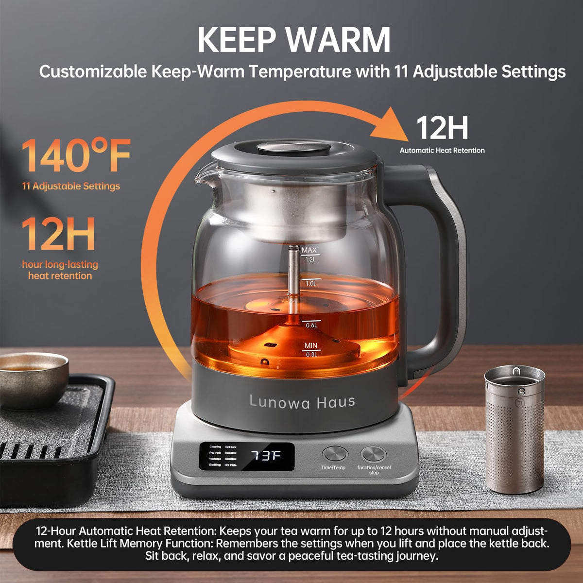 120V Titanium & Glass Electric Tea Kettle