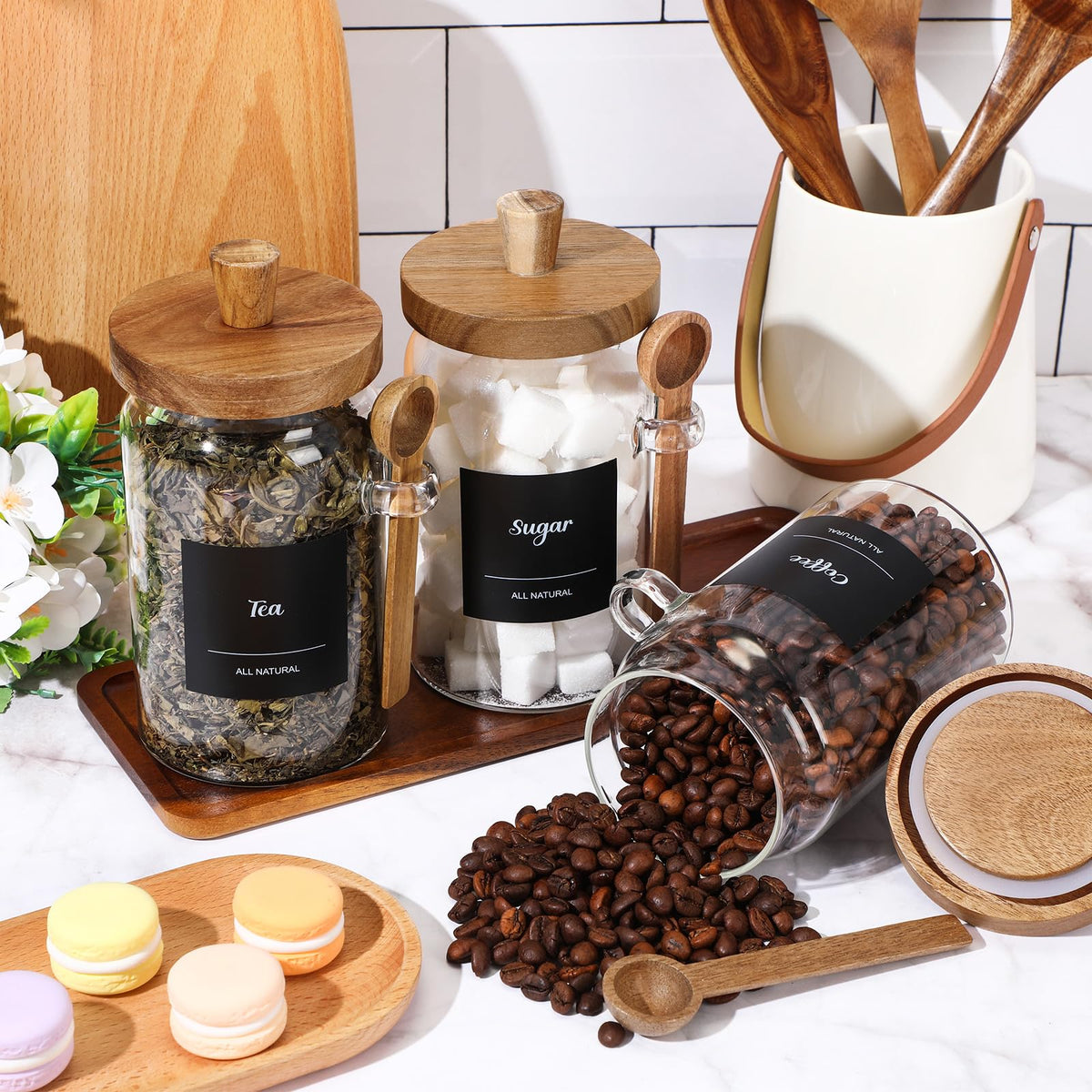 3 Pcs Glass Coffee Container Wood Lid (3 Count)