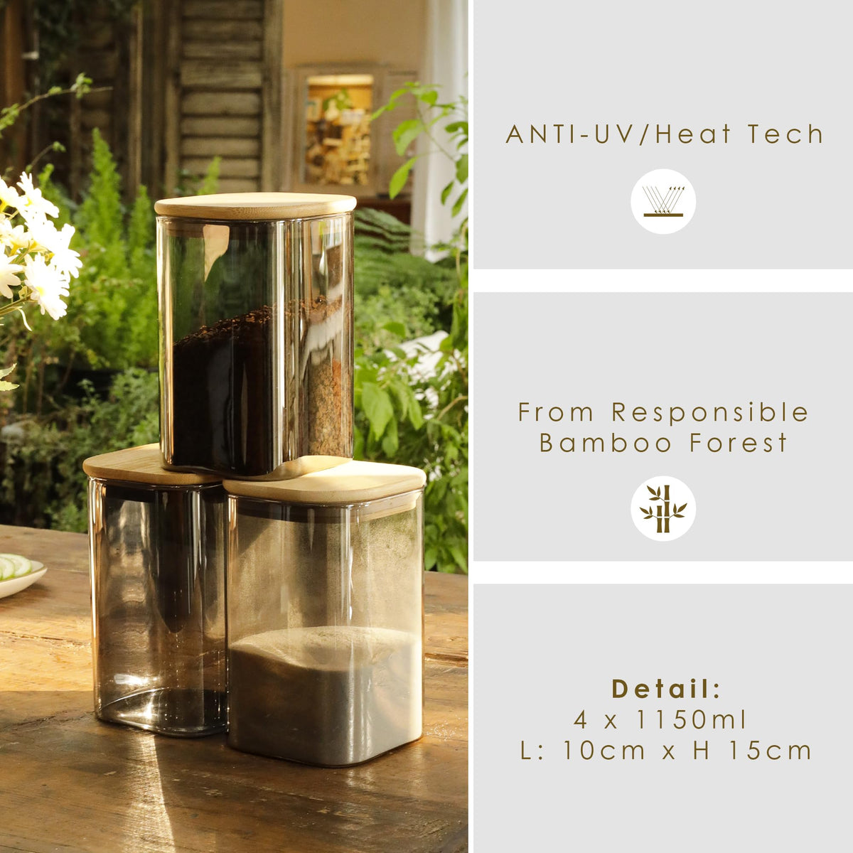 4-Pack Anti-UV Square Glass Storage Jars with Bamboo Lids (1.22Qt) (4 Count)