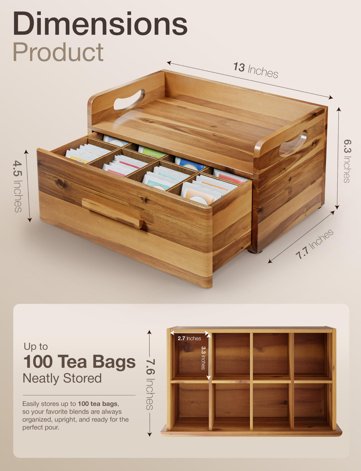 Acacia Wooden Tea Box Organizer with Drawer for Tea & Coffee Storage
