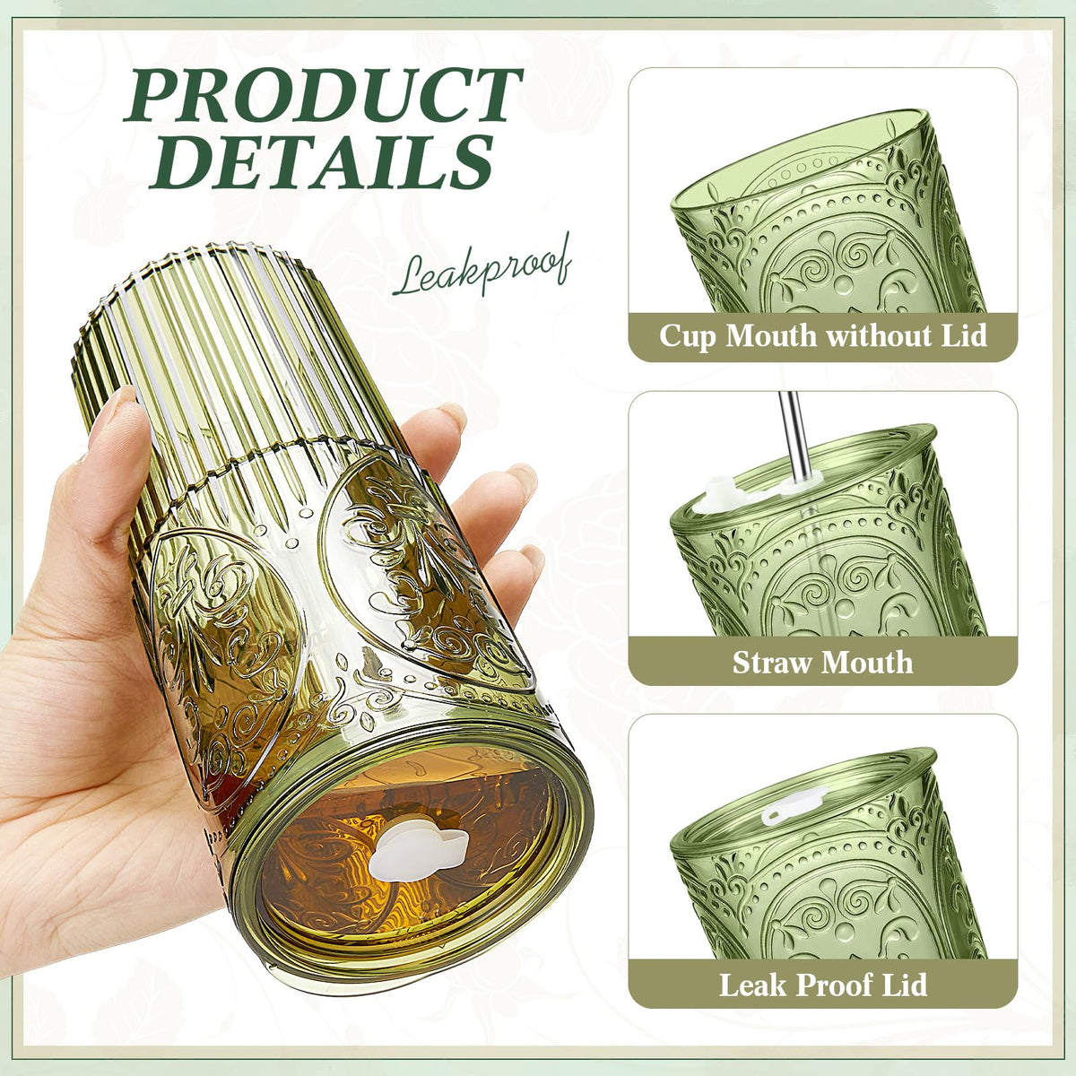 2 Set 20oz Vintage Plastic Tumbler with Lids and Straws Ribbed Floral Drinking Glasses Reusable Iced Coffee Cups for Water Juice Smoothie Cocktail Travel Party Events Gift (2 Count)