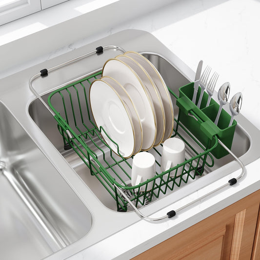 Green Dish Drying Rack in Sink with Utensil Holder
