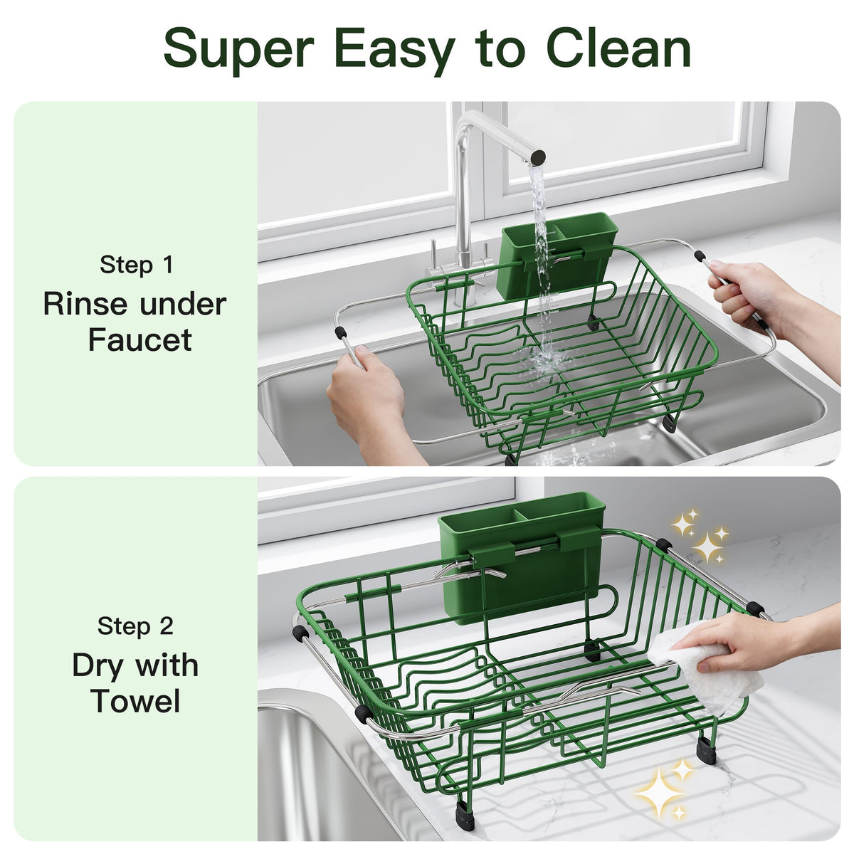 Green Dish Drying Rack in Sink with Utensil Holder