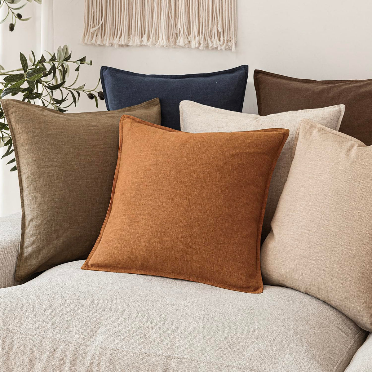 Set of 2 Decorative Linen Solid Throw Pillow Covers Soft Accent Cushion Euro Case Boho Farmhouse Pillowcase for Chair Couch Sofa Bedroom Living Room Home Decor 22 x 22 Inch Autumn Orange