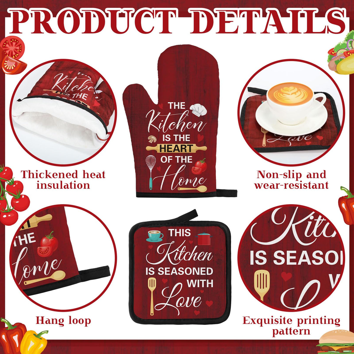 17 Pcs Farmhouse Kitchen Decor and Accessories Red Funny Kitchen Set Rug and Mat Oven Mitts and Pot Holders Apron Dish Towels Cute Wooden Spoons for Holiday Decoration Home Housewarming Gift (17 Count)