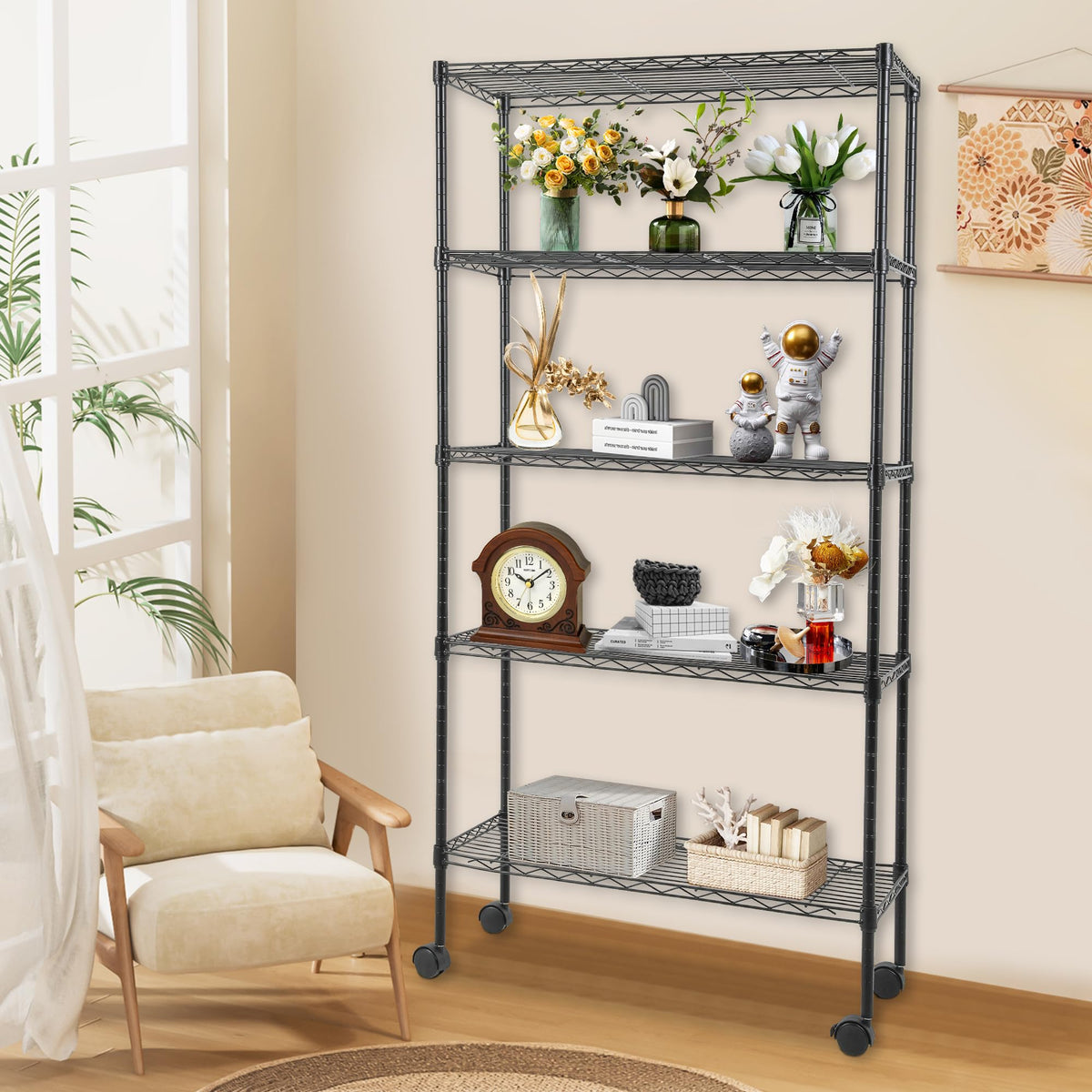 Adjustable 5 Tier Metal Shelf with Wheels (5 Count)