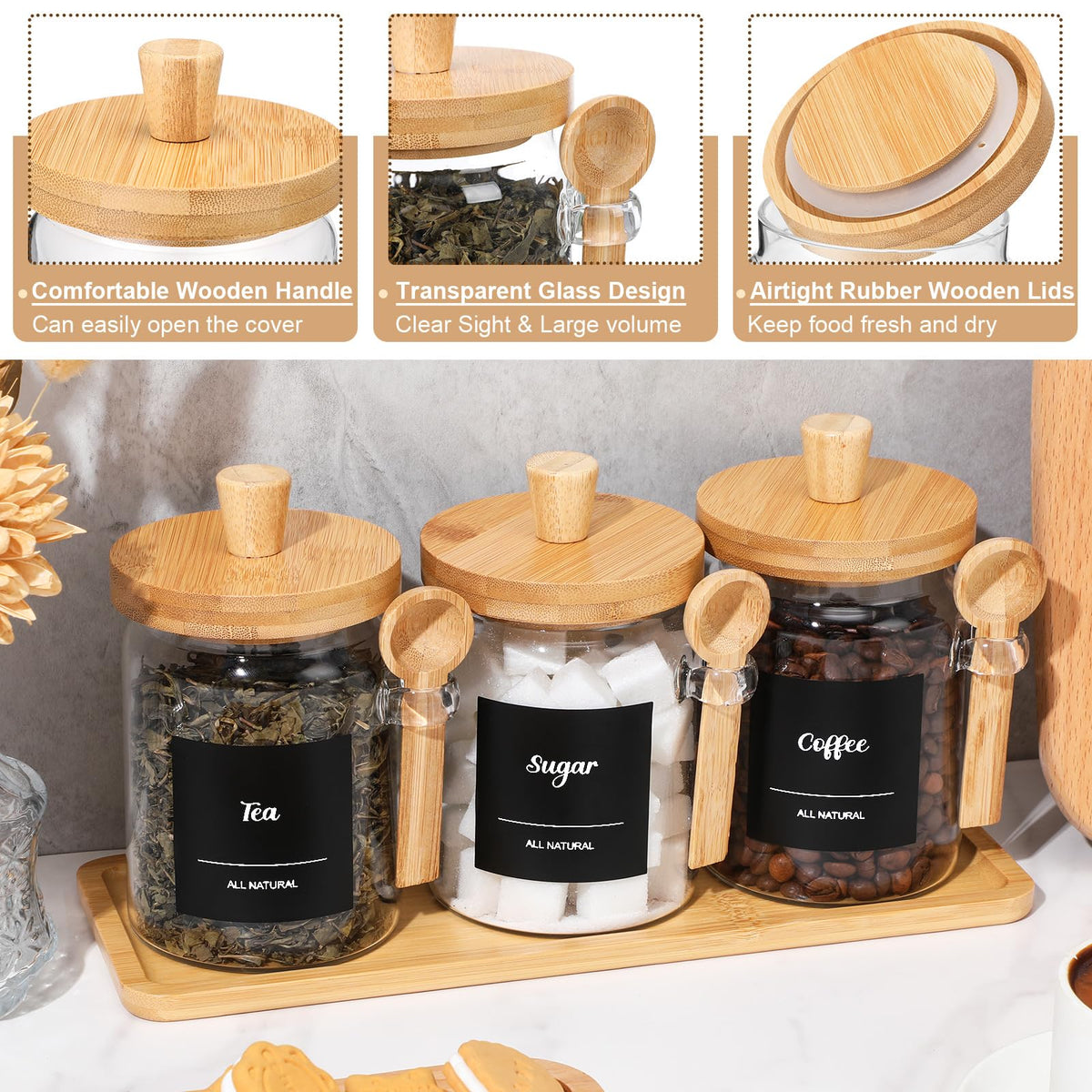 3 Pcs Glass Coffee Container with Wooden Lid Spoon Shelf Labels Clear Airtight Jar Food Storage Canister Set for Sugar Spice Coffee Bean Holder Housewarming Gift (3 Count)