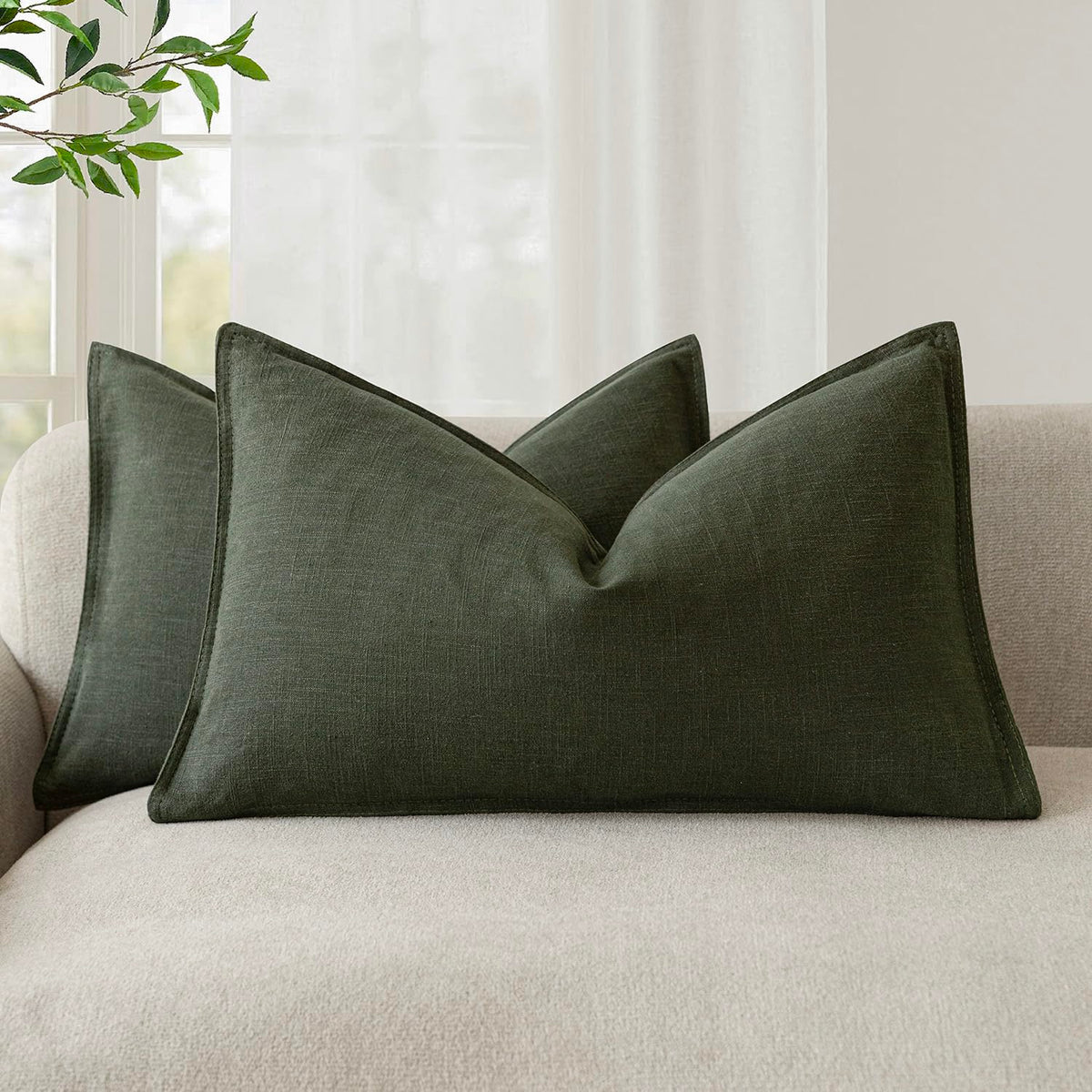 Pack of 2 Decorative Linen Solid Throw Pillow Covers Accent Lumbar Cushion Case Boho Farmhouse Pillowcase for Chair Couch Sofa Bedroom Living Room Home Decor 12 x 20 Inch Dark Olive Green (2 Count)