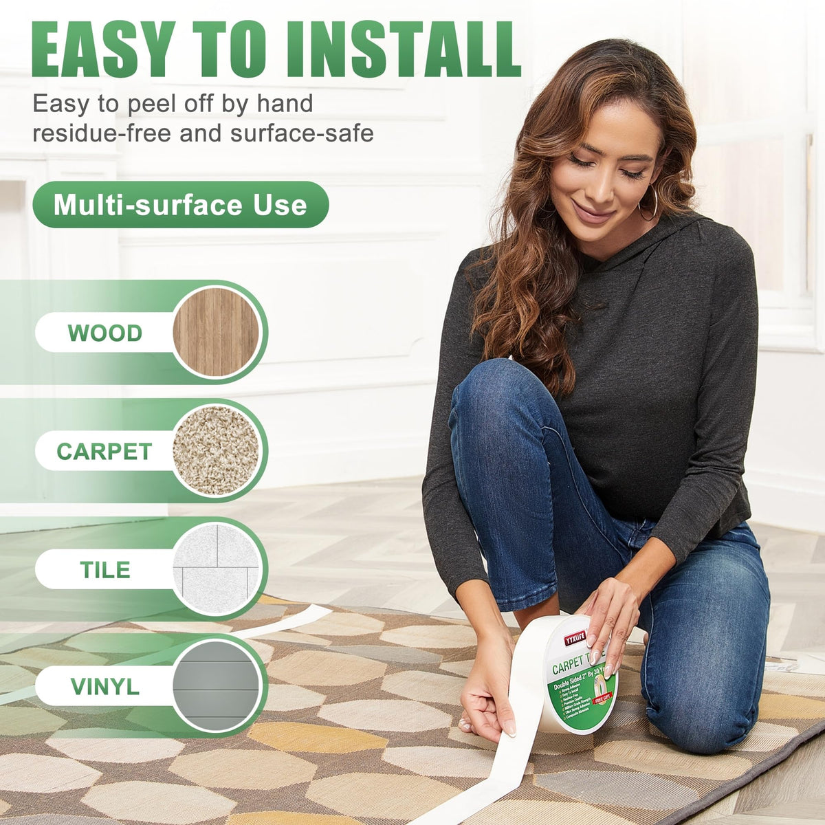 Double Sided Carpet Tape for Area Rugs & Hardwood Floors (30 Foot)