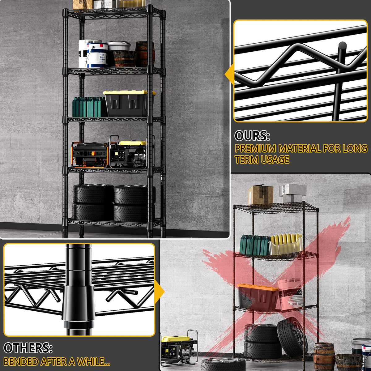 1250 lbs 5 Tier Shelf Metal Storage Shelves Wire Rack Closet Organizers for Garage Kitchen Bathroom Laundry Black 11.8" D x 23.6" W x 59.5" H (5 Count)