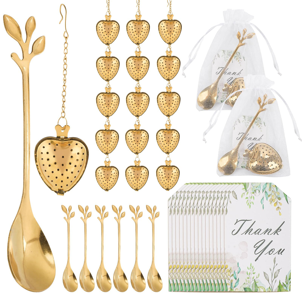 50 Sets Bridal Shower Tea Party Favor for Heart Shape Infuser Ball for Loose Guest Leaf Tea Spoon with Thank You Card Organza Bag Wedding Favors Tea Party Decorations Elegant Party Favors
