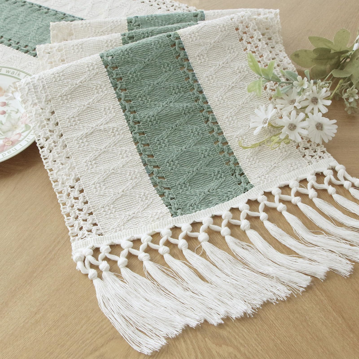 Boho Table Runner for Home Decor 12x36 Sage Green Fall Decorations (3 Foot)