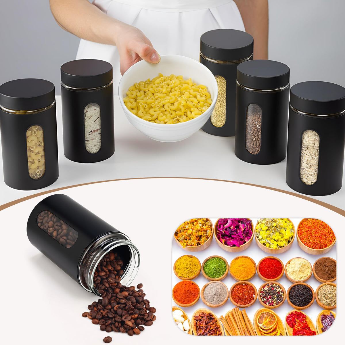 6 Pack Kitchen Canisters Set Airtight Stainless Steel Canister Food Storage Container with Window Glass (6 Count)