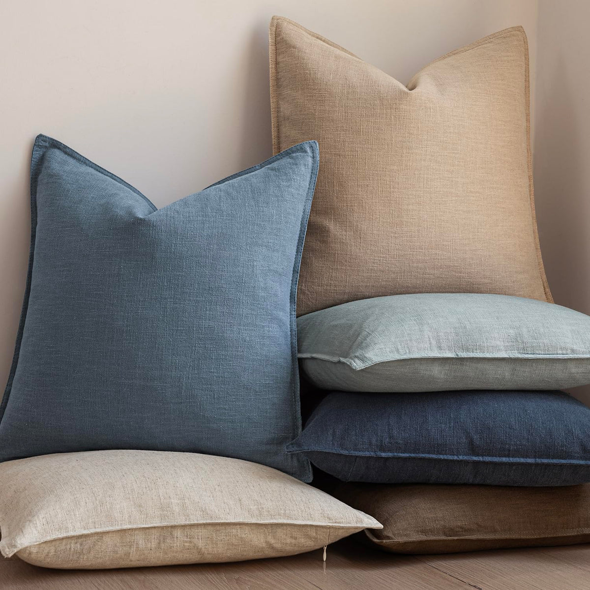 Set of 2 Decorative Linen Solid Throw Pillow Covers Soft Accent Euro Cushion Case Boho Farmhouse Neutral Pillowcase for Couch Sofa Bedroom Living Room Home Decor 24 x 24 Inch Misty Blue (2 Count)