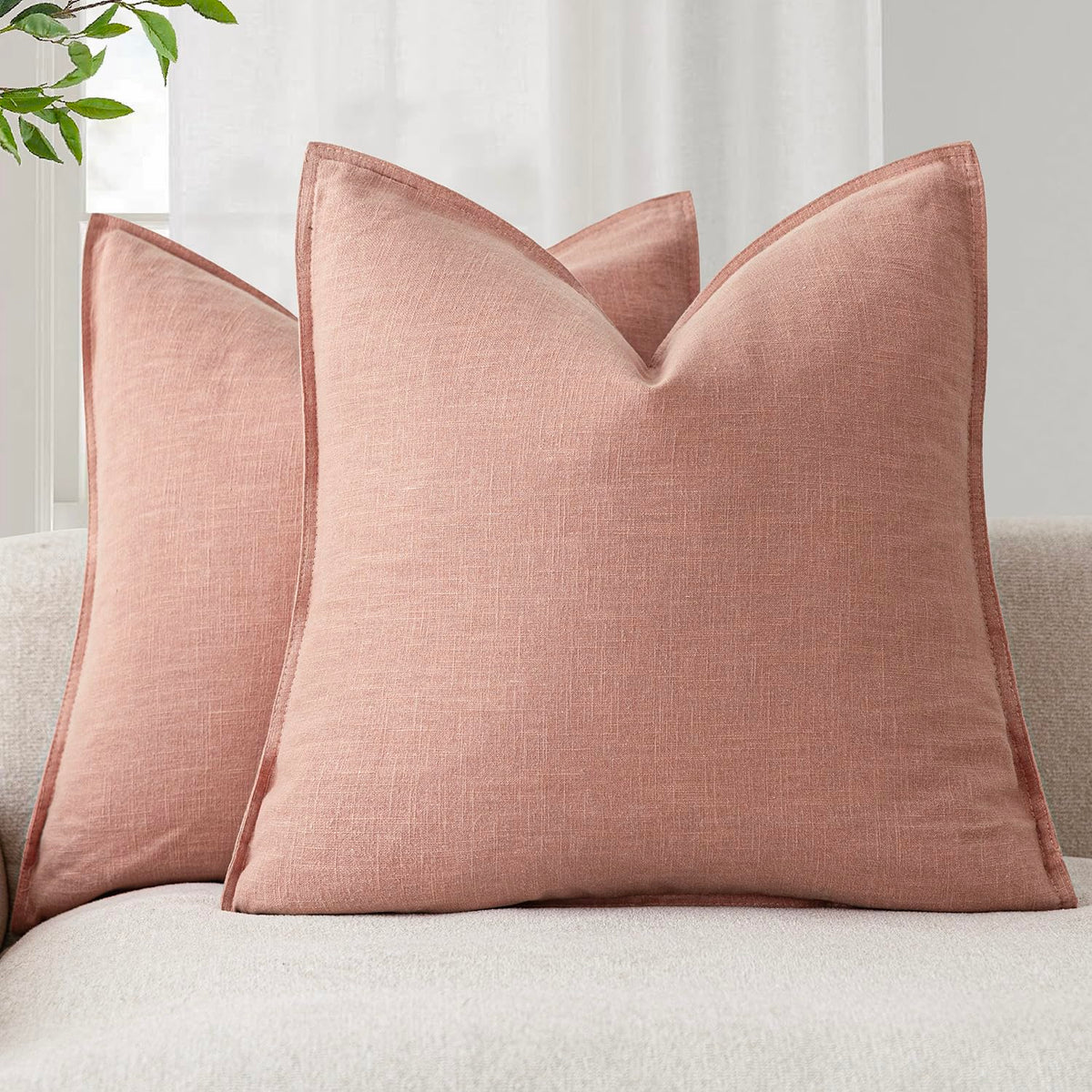 Pack of 2 Decorative Linen Solid Throw Pillow Covers Soft Accent Euro Cushion Case Boho Farmhouse Pillowcase for Chair Couch Sofa Bedroom Living Room Home Decor 22 x 22 Inch Coral Pink (2 Count)