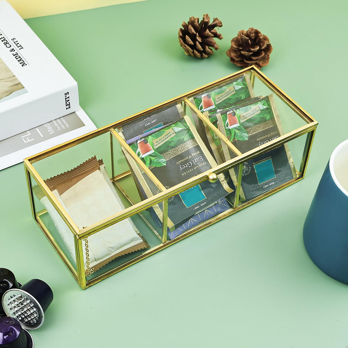 Glass Tea Bag Organizer Countertop Storage Box