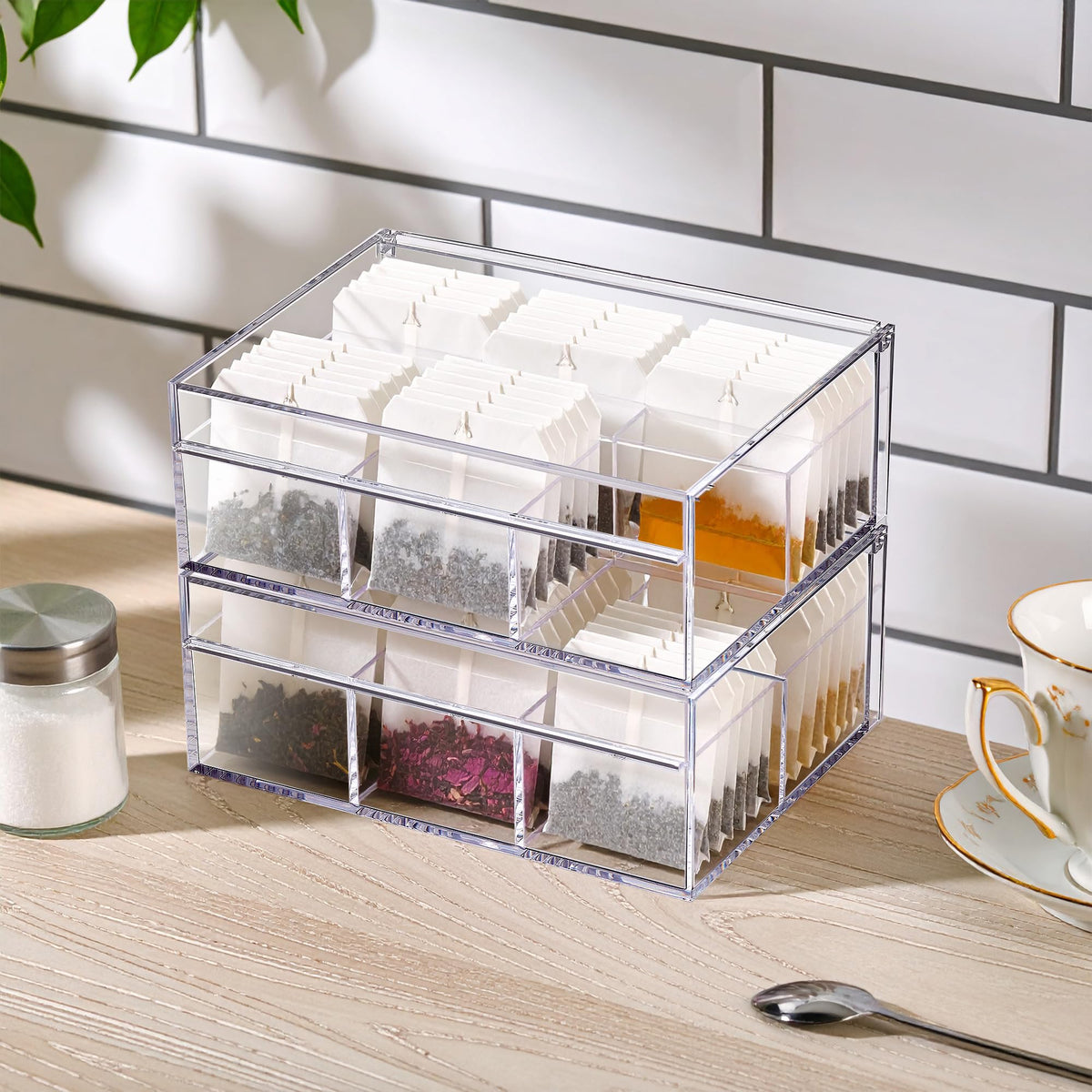 Tea-Rrific - 2-Pack Acrylic 6-Compartment Tea Bag Organizer, Clear Plastic Tea Box, 6-Slot Tea Chest, Perfect Tea Storage Solution for Kitchen Cabinet, Countertop, Pantry, and More (2 Count)