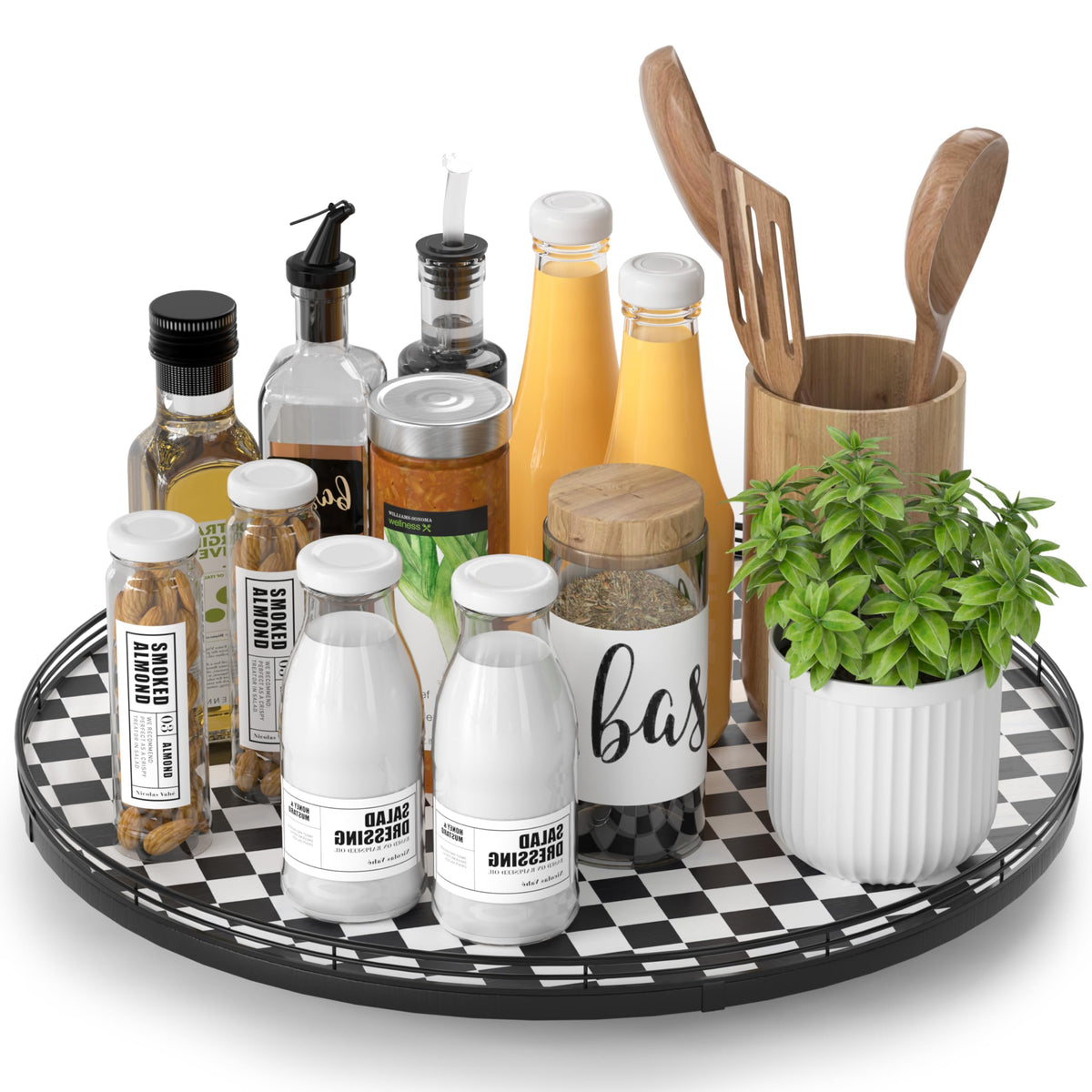 16 Inch Black and White Checkerboard Lazy Susan Decorative Tray