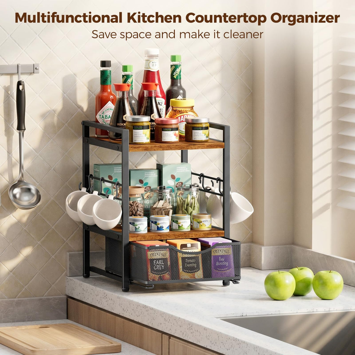 3 Tier Tea Bag Organizer with Drawer for Countertop