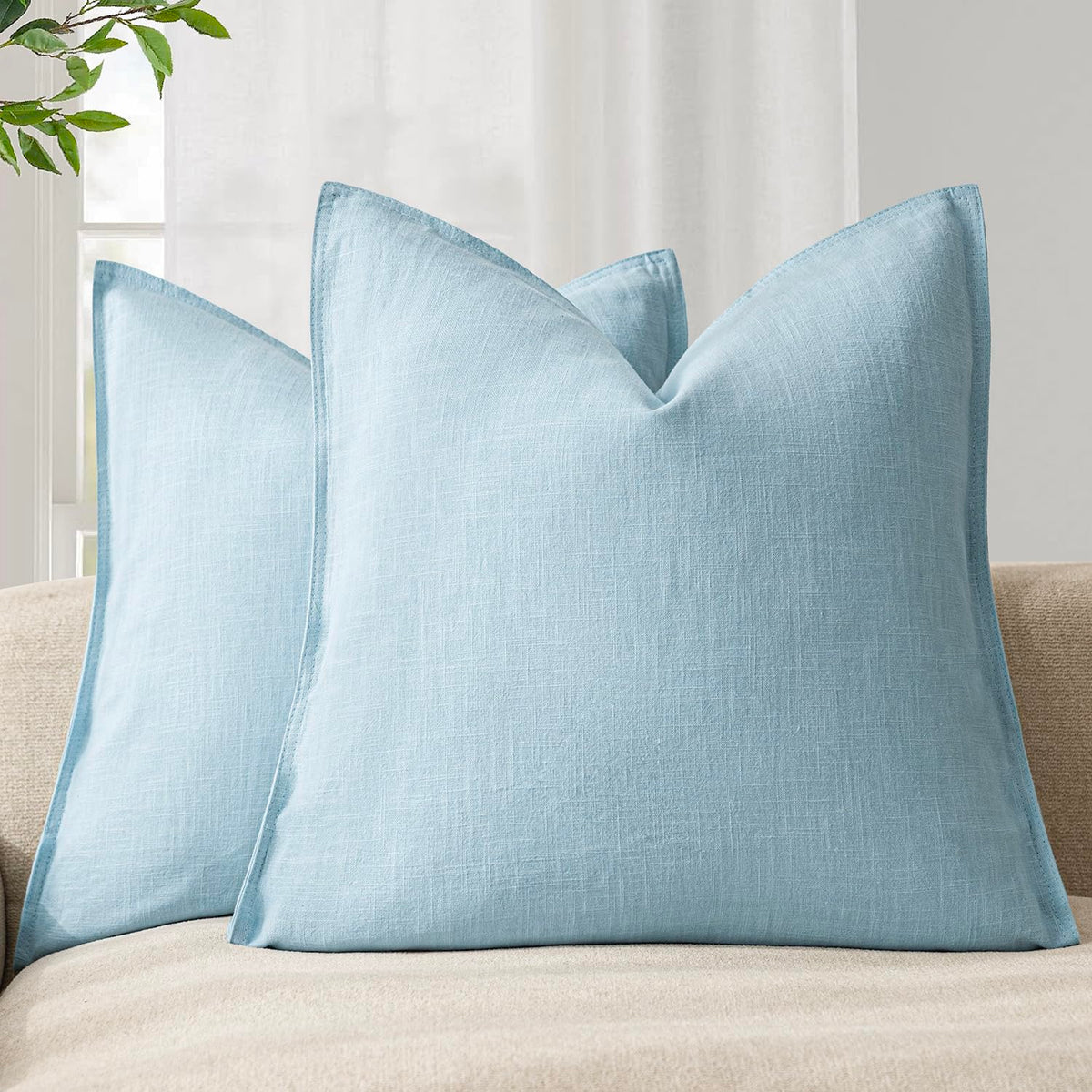 Pack of 2 Decorative Linen Solid Throw Pillow Covers Soft Accent Euro Cushion Case Farmhouse Neutral Pillowcase for Chair Couch Sofa Bedroom Living Room Home Decor 26 x 26 Inch Light Blue (2 Count)