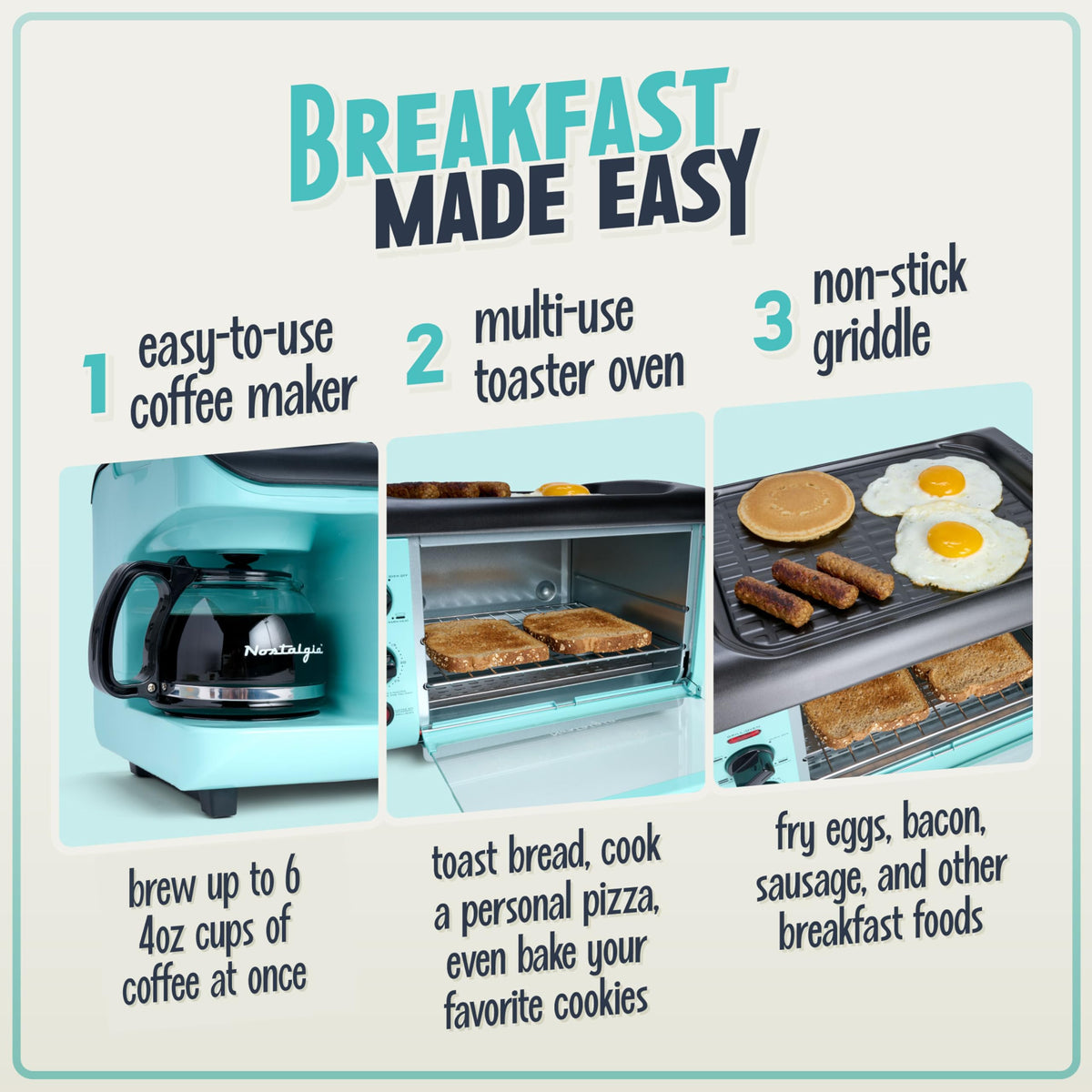 3-in-1 Breakfast Station - Includes Coffee Maker, Non-Stick Griddle, and 4-Slice Toaster Oven - Versatile Breakfast Maker with Timer - Aqua