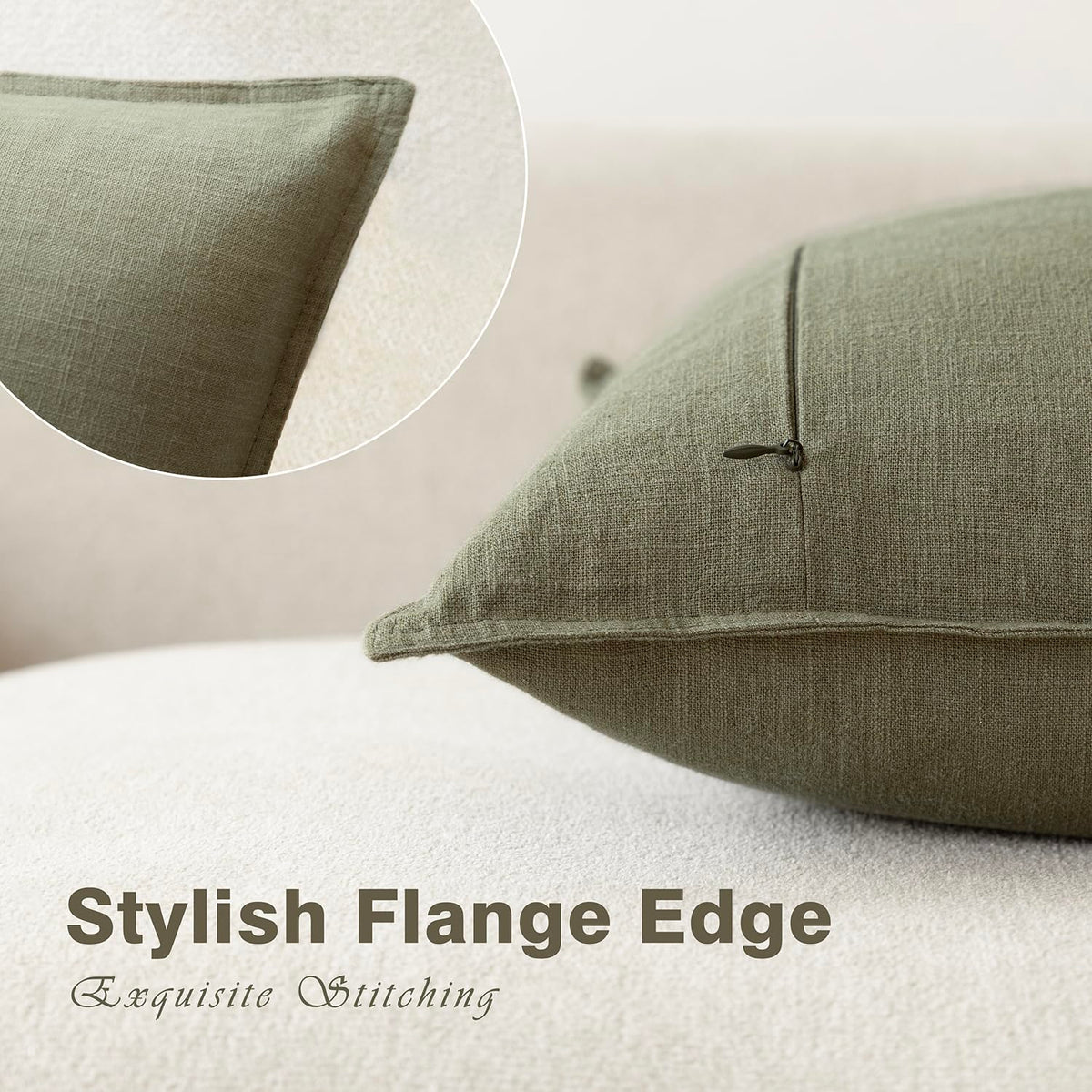 Pack of 2 Decorative Linen Solid Throw Pillow Covers Soft Accent Cushion Case Farmhouse Neutral Pillowcase for Chair Couch Sofa Bedroom Living Room Home Decor 22x22 Inch Olive Branch Green (2 Count)