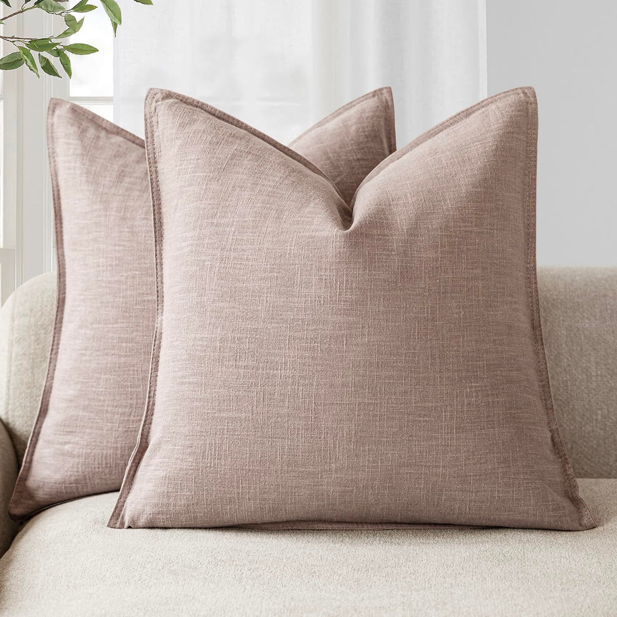 Set of 2 Decorative Linen Solid Throw Pillow Covers Soft Accent Euro Cushion Case Boho Farmhouse Pillowcase for Chair Couch Sofa Bedroom Living Room Home Decor 22 x 22 Inch Dusty Pink
