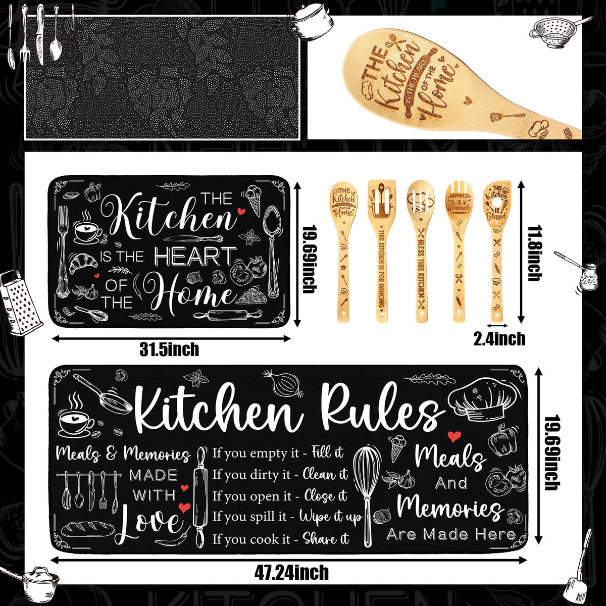 17 Pcs Black and White Kitchen Decor and Accessories Black and White Kitchen Rug and Mat Oven Mitts and Pot Holders Apron Dish Towels Cute Wooden Spoons for Home Decor Housewarming Gifts (17 Count)